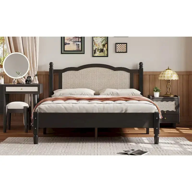 Vintage Wooden Bed with Rattan Headboard