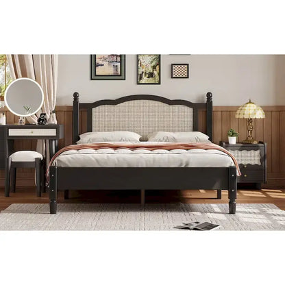 Vintage Wooden Bed with Rattan Headboard