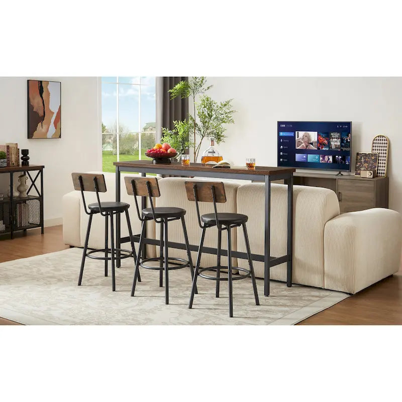 Rustic 4-Piece Dining Set with Rectangular Table &amp; 3 PU Leather Bar Chairs