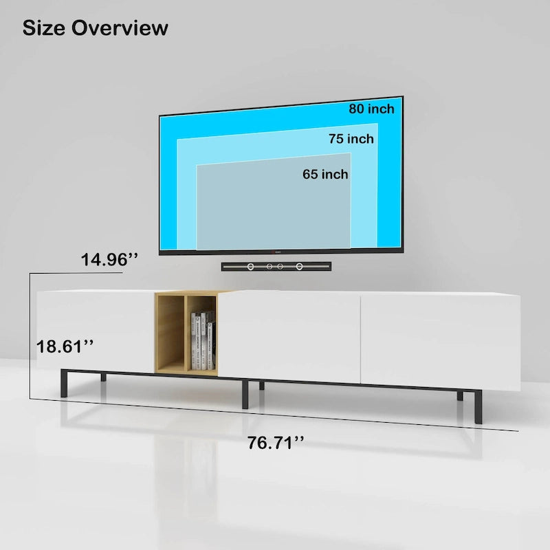 White 77 TV Console with Big Storage &amp; Built-in Socket for TVs Up to 70