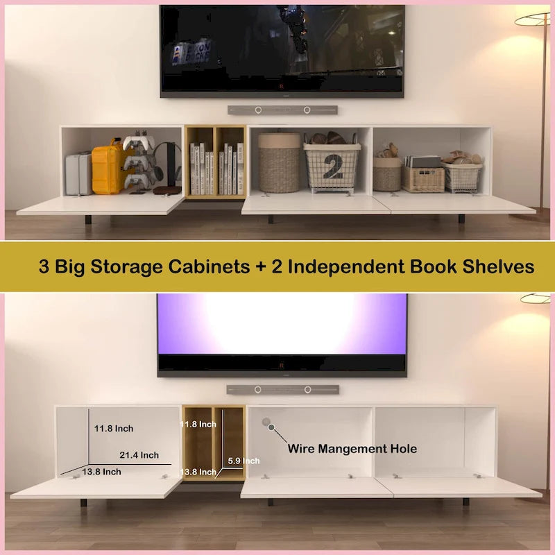 White 77 TV Console with Big Storage &amp; Built-in Socket for TVs Up to 70