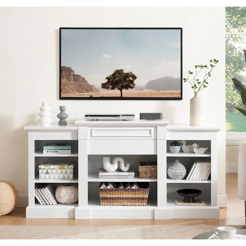 White 66 TV Stand with Large Cabinet &amp; Adjustable Shelves for TVs Up to 65
