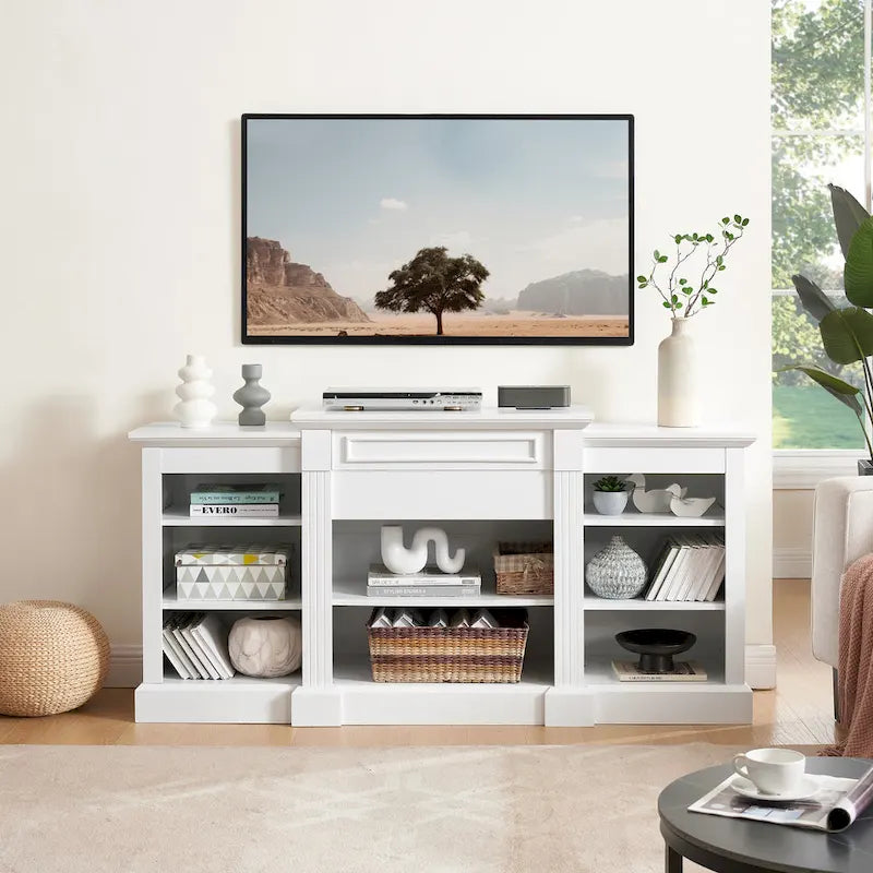 White 66 TV Stand with Large Cabinet &amp; Adjustable Shelves for TVs Up to 65