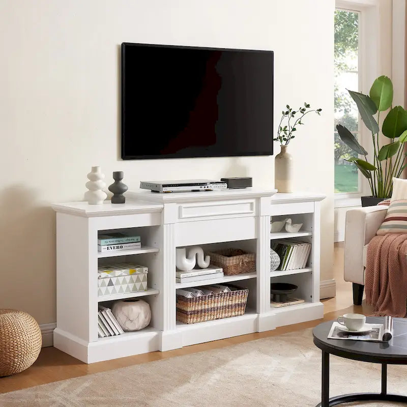 White 66 TV Stand with Large Cabinet &amp; Adjustable Shelves for TVs Up to 65