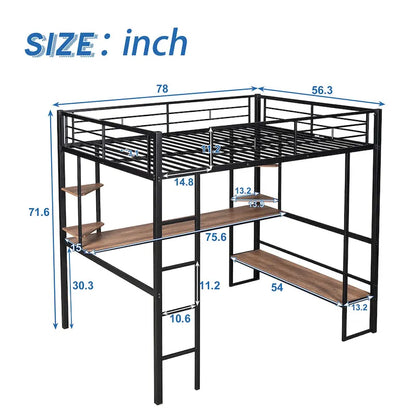 Black Full Size Metal Loft Bed with Long Desk and Shelves for Kids, Boys and Girls