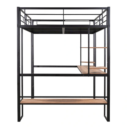 Black Full Size Metal Loft Bed with Long Desk and Shelves for Kids, Boys and Girls