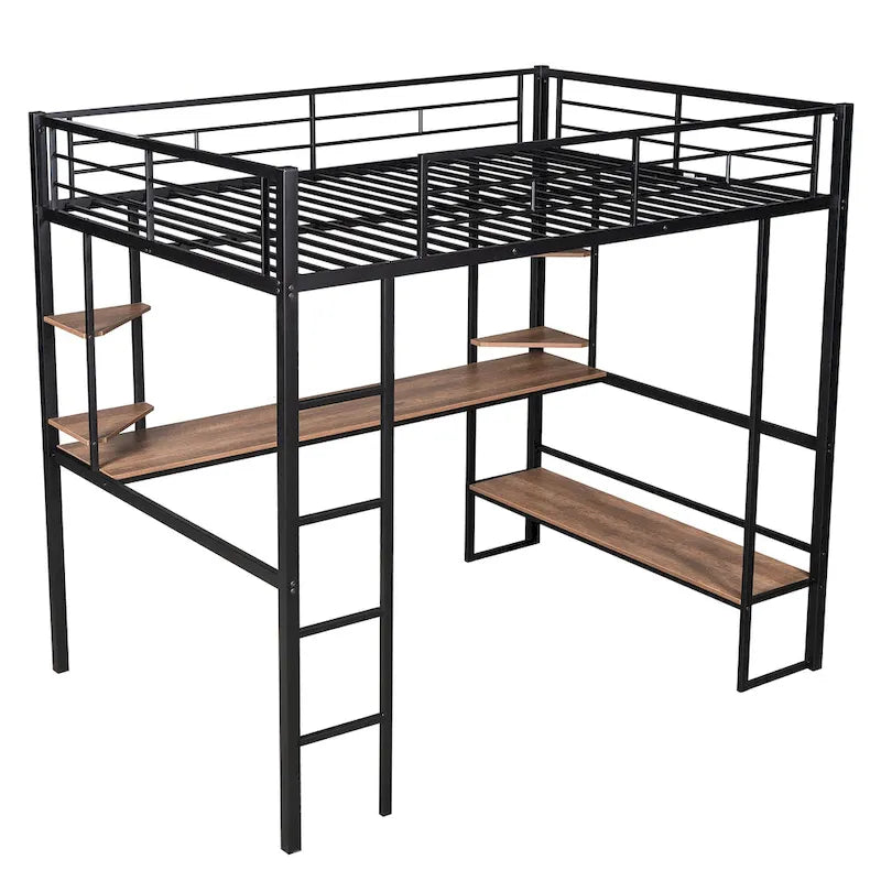 Black Full Size Metal Loft Bed with Long Desk and Shelves for Kids, Boys and Girls