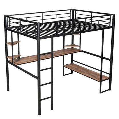 Black Full Size Metal Loft Bed with Long Desk and Shelves for Kids, Boys and Girls