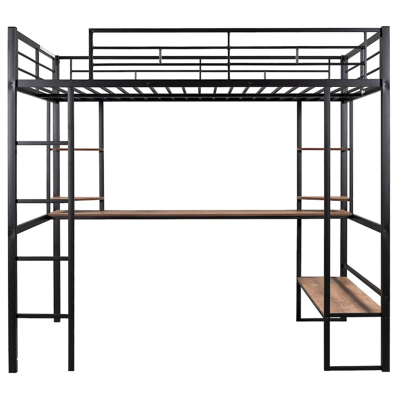 Black Full Size Metal Loft Bed with Long Desk and Shelves for Kids, Boys and Girls