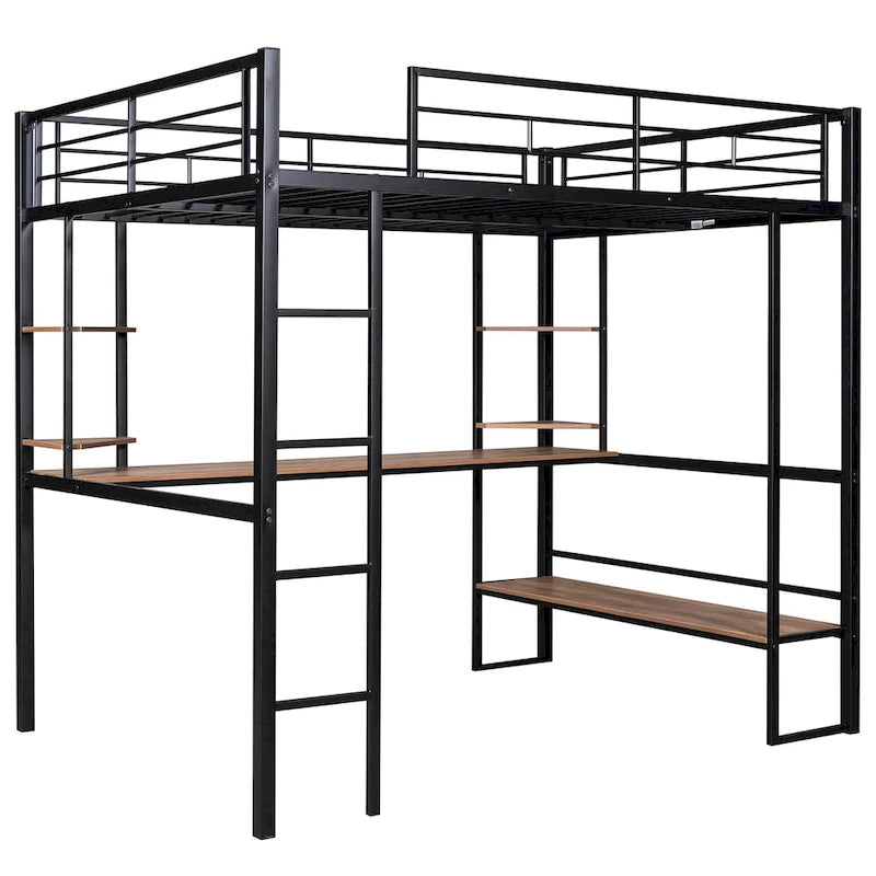 Black Full Size Metal Loft Bed with Long Desk and Shelves for Kids, Boys and Girls