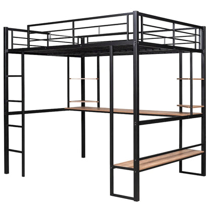 Black Full Size Metal Loft Bed with Long Desk and Shelves for Kids, Boys and Girls
