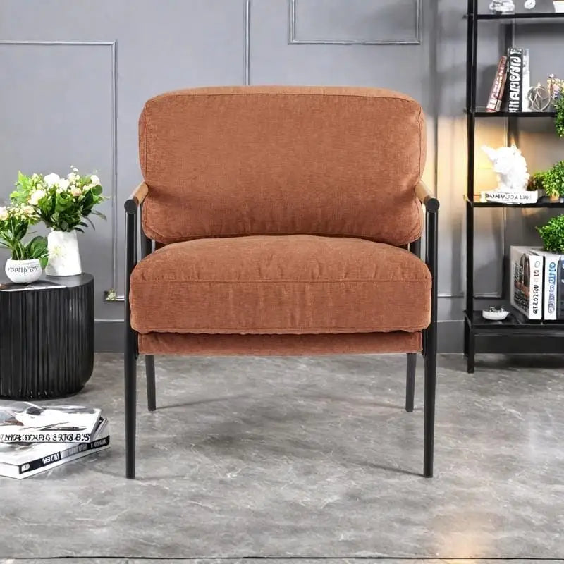 Polyester Accent Chair with Metal Frame &amp; Wooden Armrests