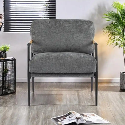 Polyester Accent Chair with Metal Frame &amp; Wooden Armrests