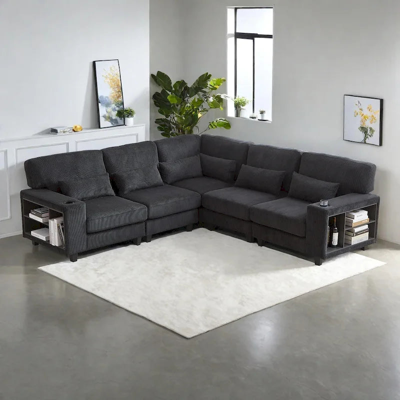 102.75 Corduroy L-Shaped Modular Sectional Sofa with Storage and Cup Holder