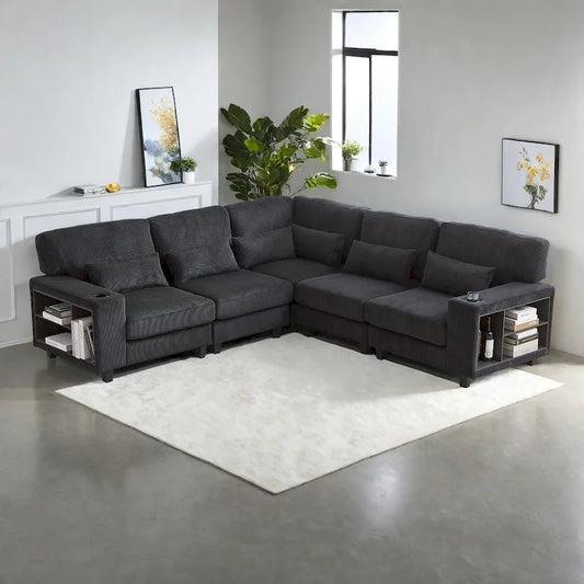 102.75 Corduroy L-Shaped Modular Sectional Sofa with Storage and Cup Holder
