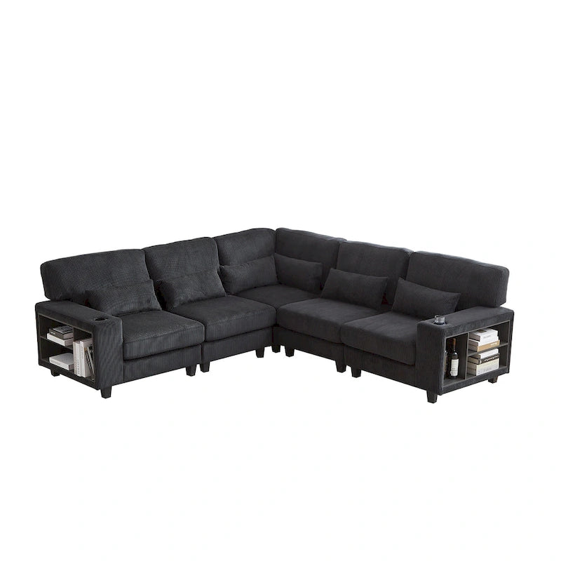 102.75 Corduroy L-Shaped Modular Sectional Sofa with Storage and Cup Holder