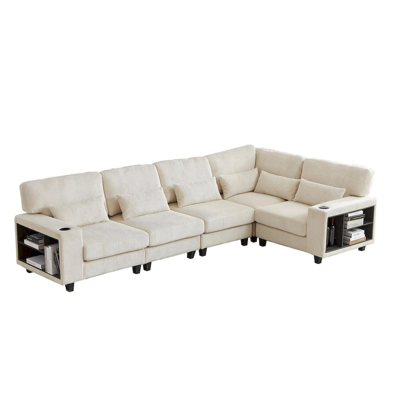 102.75 Corduroy L-Shaped Modular Sectional Sofa with Storage and Cup Holder