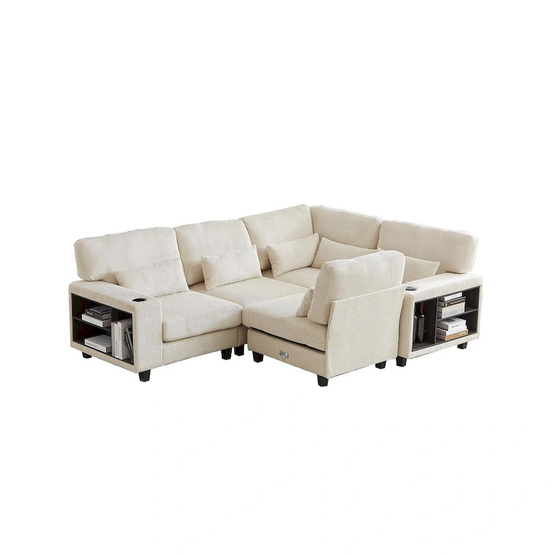 102.75 Corduroy L-Shaped Modular Sectional Sofa with Storage and Cup Holder