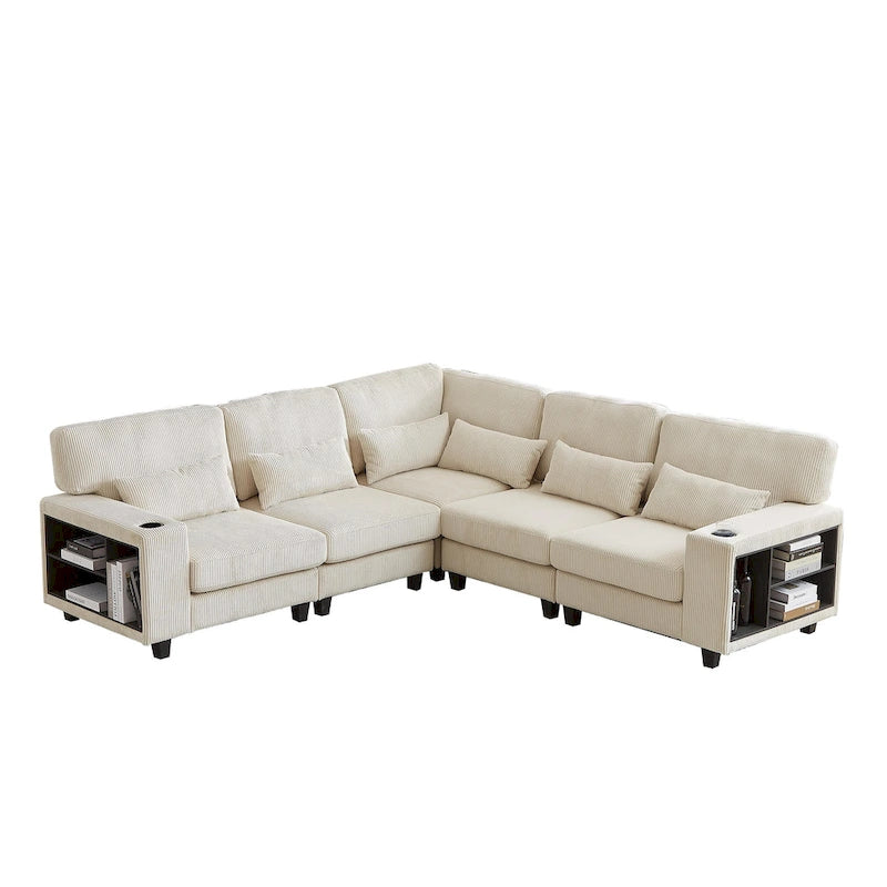 102.75 Corduroy L-Shaped Modular Sectional Sofa with Storage and Cup Holder