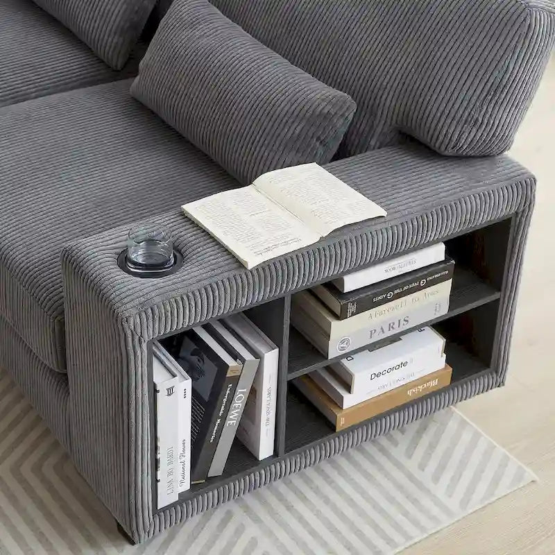 102.75 Corduroy L-Shaped Modular Sectional Sofa with Storage and Cup Holder