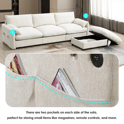 96.5 Chenille L-Shaped Sectional Sofa with Storage Ottoman, Adjustable Phone Holder, USB Charger and Armrest Storage Pockets