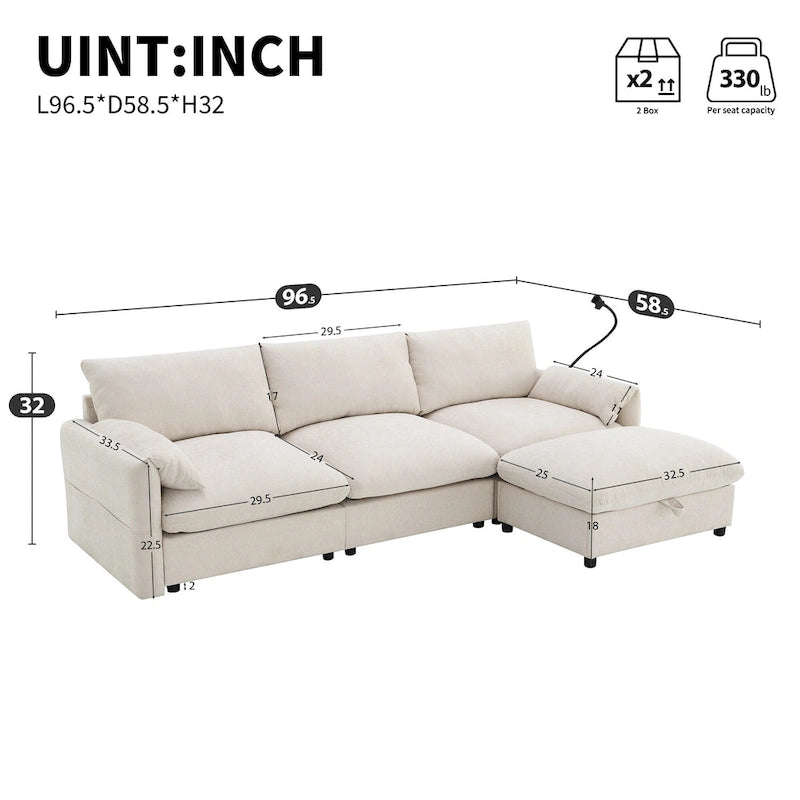 96.5 Chenille L-Shaped Sectional Sofa with Storage Ottoman, Adjustable Phone Holder, USB Charger and Armrest Storage Pockets