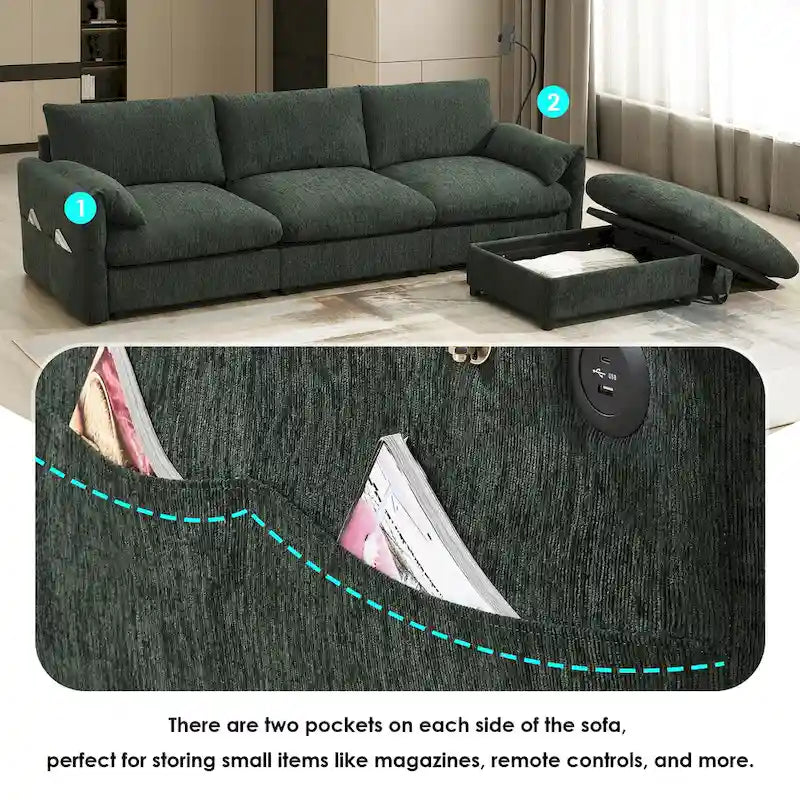 96.5 Chenille L-Shaped Sectional Sofa with Storage Ottoman, Adjustable Phone Holder, USB Charger and Armrest Storage Pockets