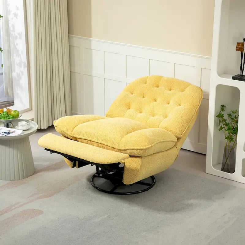 Yellow Oversized Chenille Upholstered 360 Swivel Glider Rocking Manual Recliner with Extended Footrest and Tufted Back