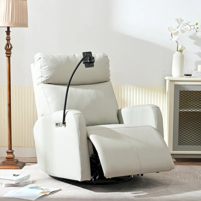 Gray Power Recliner with Swivel, USB Ports &amp; Adjustable Footrest