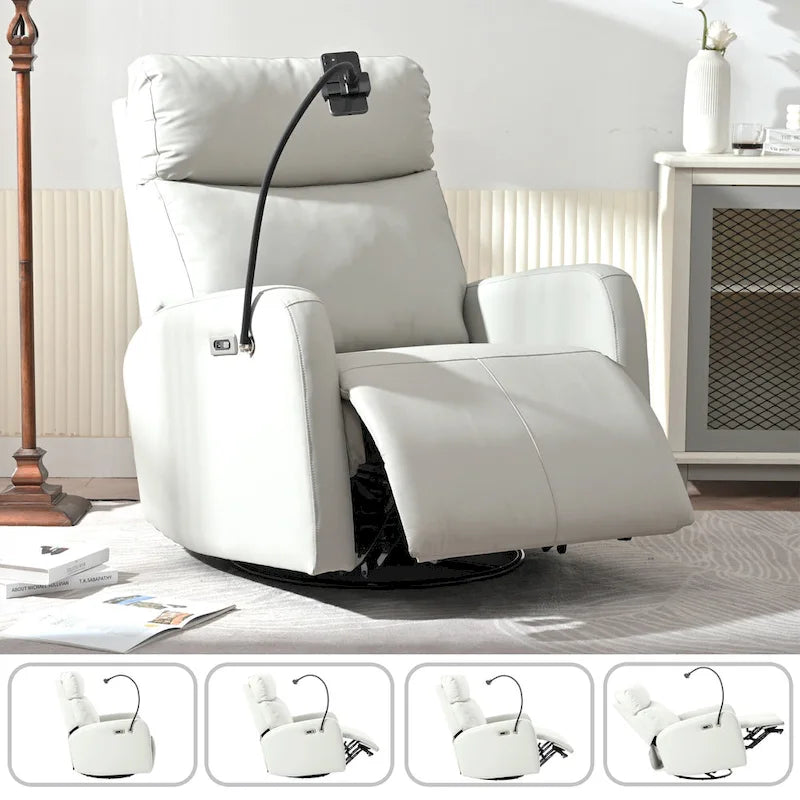 Gray Power Recliner with Swivel, USB Ports &amp; Adjustable Footrest