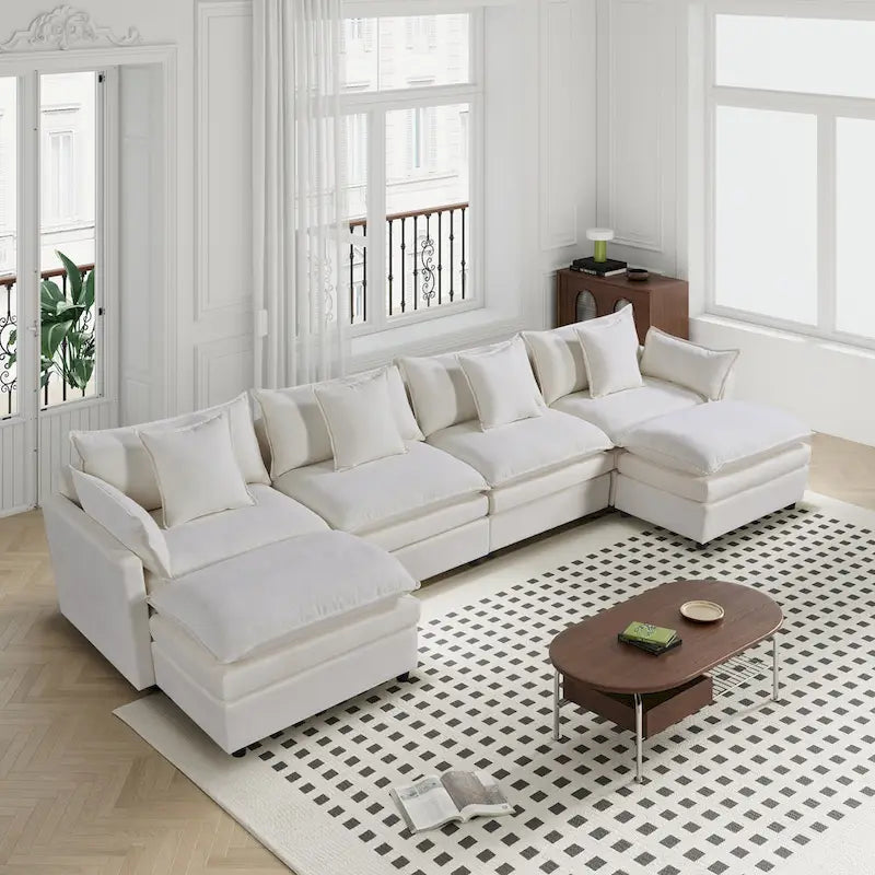 White 142.52 U-Shaped 6 Seater Sectional Sofa with Convertible Chaise and Ottomans, Spacious Cloud Couch
