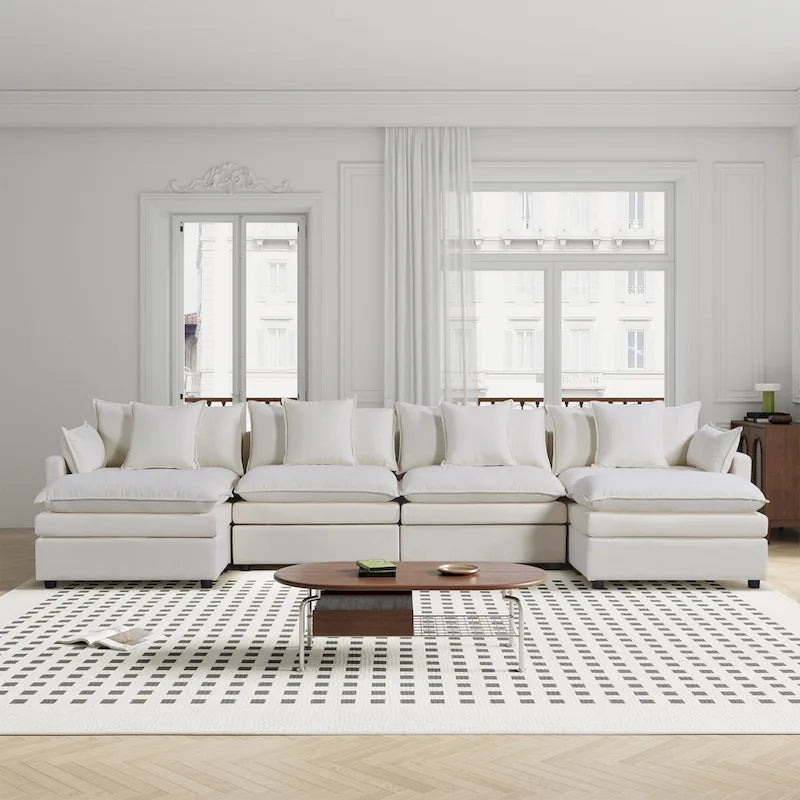 White 142.52 U-Shaped 6 Seater Sectional Sofa with Convertible Chair and Ottomans, Spacious Cloud Couch