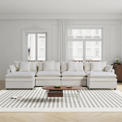 White 142.52 U-Shaped 6 Seater Sectional Sofa with Convertible Chair and Ottomans, Spacious Cloud Couch