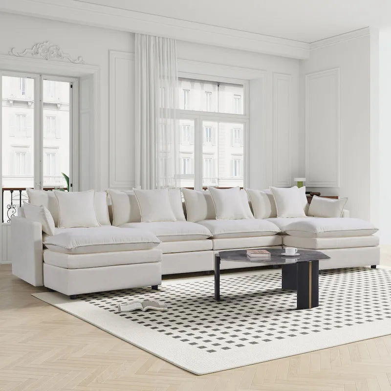 White 142.52 U-Shaped 6 Seater Sectional Sofa with Convertible Chair and Ottomans, Spacious Cloud Couch