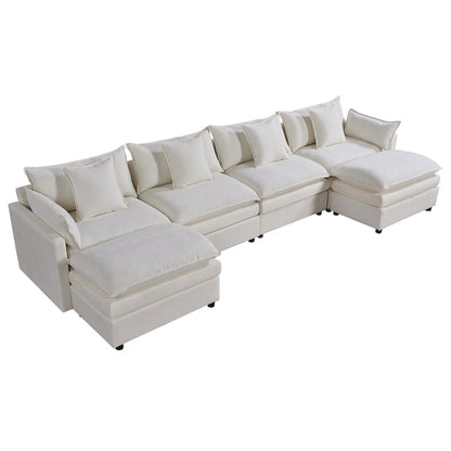White 142.52 U-Shaped 6 Seater Sectional Sofa with Convertible Chair and Ottomans, Spacious Cloud Couch