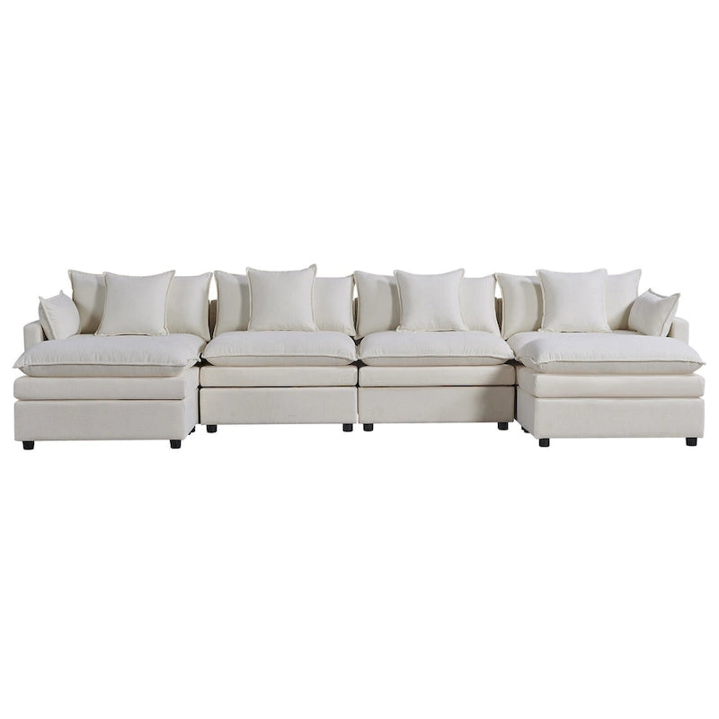 White 142.52 U-Shaped 6 Seater Sectional Sofa with Convertible Chair and Ottomans, Spacious Cloud Couch
