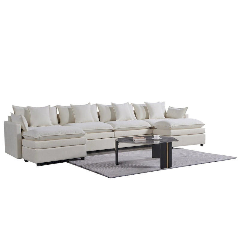 White 142.52 U-Shaped 6 Seater Sectional Sofa with Convertible Chair and Ottomans, Spacious Cloud Couch