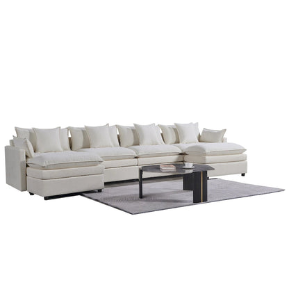 White 142.52 U-Shaped 6 Seater Sectional Sofa with Convertible Chair and Ottomans, Spacious Cloud Couch