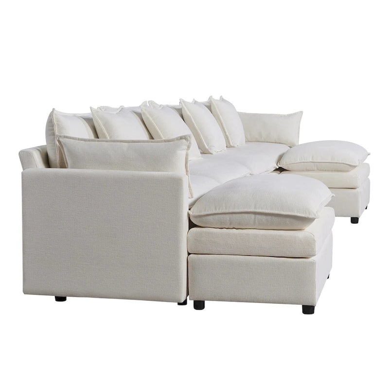 White 142.52 U-Shaped 6 Seater Sectional Sofa with Convertible Chair and Ottomans, Spacious Cloud Couch