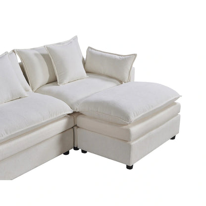 White 142.52 U-Shaped 6 Seater Sectional Sofa with Convertible Chair and Ottomans, Spacious Cloud Couch