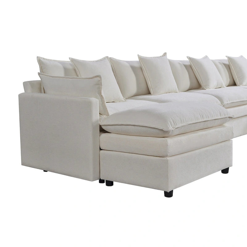 White 142.52 U-Shaped 6 Seater Sectional Sofa with Convertible Chair and Ottomans, Spacious Cloud Couch