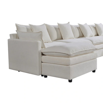 White 142.52 U-Shaped 6 Seater Sectional Sofa with Convertible Chair and Ottomans, Spacious Cloud Couch