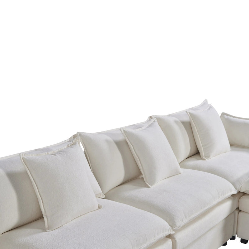 White 142.52 U-Shaped 6 Seater Sectional Sofa with Convertible Chair and Ottomans, Spacious Cloud Couch