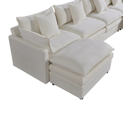 White 142.52 U-Shaped 6 Seater Sectional Sofa with Convertible Chair and Ottomans, Spacious Cloud Couch