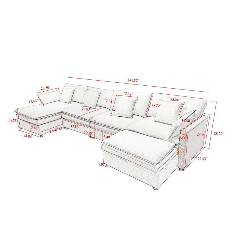 White 142.52 U-Shaped 6 Seater Sectional Sofa with Convertible Chair and Ottomans, Spacious Cloud Couch