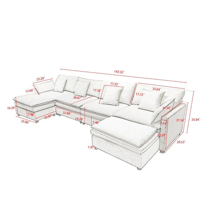 White 142.52 U-Shaped 6 Seater Sectional Sofa with Convertible Chair and Ottomans, Spacious Cloud Couch