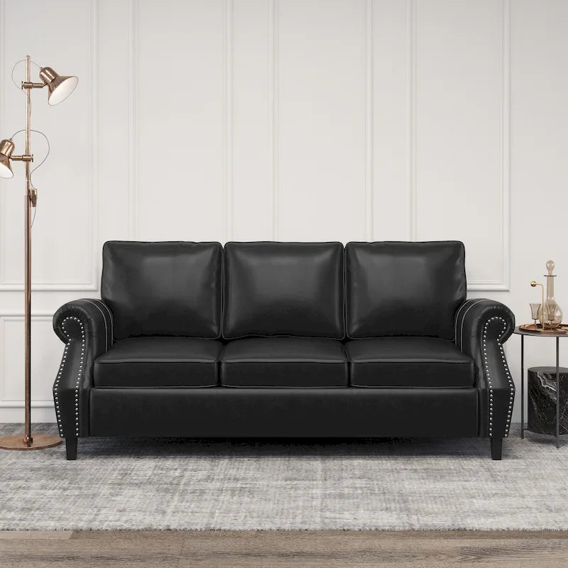 Black Modern 80s Faux Leather 3-seater Sofa with Birch Wood Legs and Nailheads for Living Room