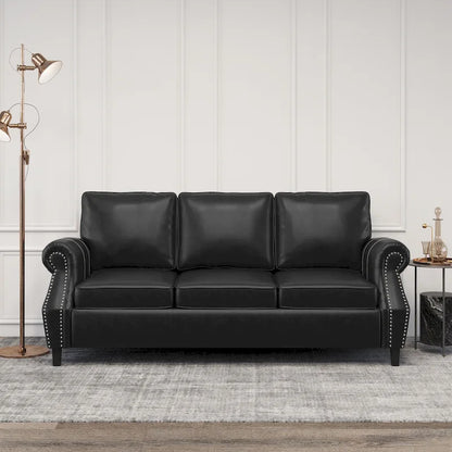 Black Modern 80s Faux Leather 3-seater Sofa with Birch Wood Legs and Nailheads for Living Room