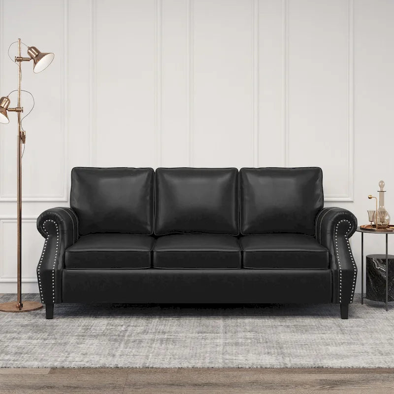 Black Modern 80 Faux Leather 3-seater Sofa with Birch Wood Legs and Nailheads for Living Room