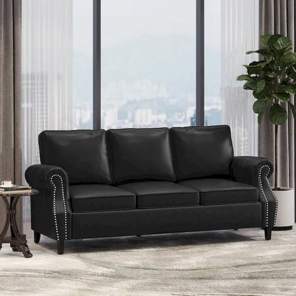 Black Modern 80s Faux Leather 3-seater Sofa with Birch Wood Legs and Nailheads for Living Room